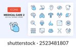 Line icons about medical care. Contains such icons as cardiology, laboratory, dentist and more. 256x256 Pixel Perfect editable in two colors. Set 2of 3