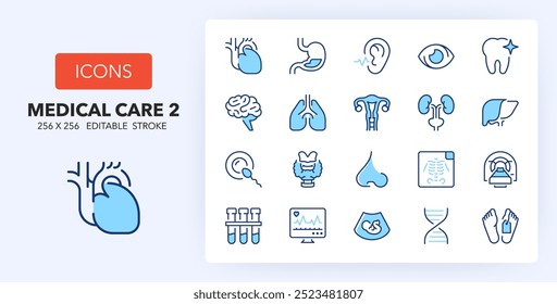 Iconos de línea sobre atención médica. Contiene iconos como cardiología, laboratorio, dentista y más. 256x256 Pixel Perfecto editable en dos colores. Conjunto 2de 3