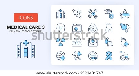 Line icons about medical care. Contains such icons as traumatology, oncology, surgery and more. 256x256 Pixel Perfect editable in two colors. Set 3 of 3