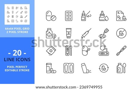 Line icons about medication. Contains such icons as pills, inhaler, cough syrup and vaccine. Editable stroke. Vector - 64 pixel perfect grid