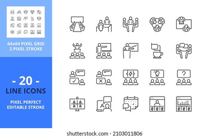 Line icons about meeting. Business concept. Contains such icons as conference, interview, presentation, webinar, teamwork and coworking. Editable stroke. Vector - 64 pixel perfect grid svg