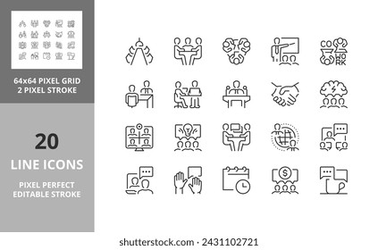 Line icons about meeting. Editable vector stroke. 64 and 256 Pixel Perfect scalable to 128px...