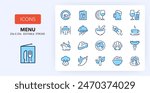 Line icons about menu restaurant. Contains such icons as wine list, soups, appetizers and more. 256x256 Pixel Perfect editable in two colors