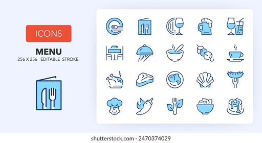 Line icons about menu restaurant. Contains such icons as wine list, soups, appetizers and more. 256x256 Pixel Perfect editable in two colors