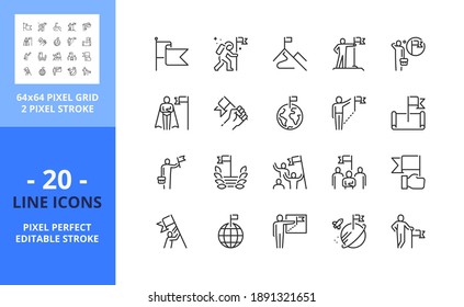 Line icons about mission. Contains such icons as flag, businessman, pioneering, climb up, success, leadership, and new horizons. Editable stroke. Vector - 64 pixel perfect grid.