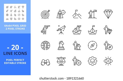 Line icons about mission, vision and values. Contains such icons as success, goals, strategy, leadership and new horizons. Editable stroke. Vector - 64 pixel perfect grid.