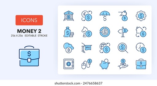 Liniensymbole über Geld und Bankwesen. Enthält Symbole wie IPO Initial Public Offering, Investitionen, Strategie und mehr. 256x256 Pixel Perfekt editierbar in zwei Farben. Satz 2 von 3