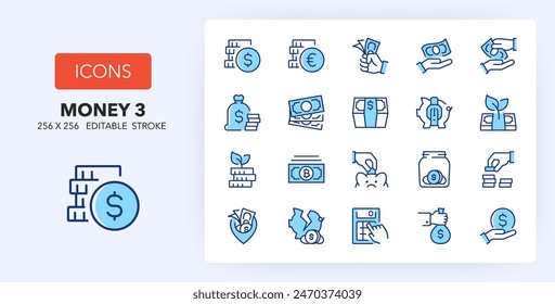 Line icons about money. Contains such icons as savings, accounting, payment and more. 256x256 Pixel Perfect editable in two colors. Set 1 of 3