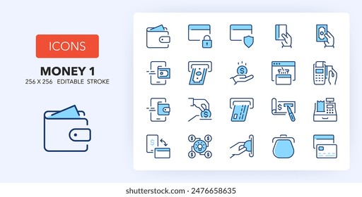 Line icons about money and payment methods. Contains such icons as wallet, crowdfunding, donation and more. 256x256 Pixel Perfect editable in two colors. Set 1 of 3