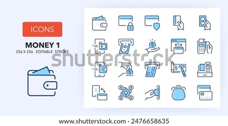 Line icons about money and payment methods. Contains such icons as wallet, crowdfunding, donation and more. 256x256 Pixel Perfect editable in two colors. Set 1 of 3