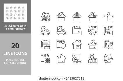 Line icons about moving services. Editable vector stroke. 64 and 256 Pixel Perfect scalable to 128px...