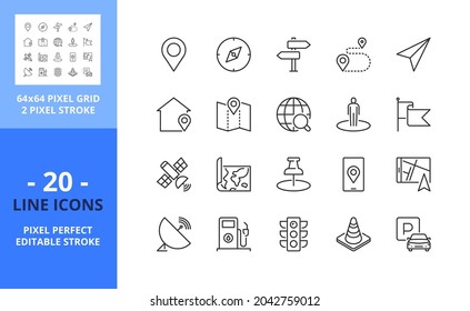 Line icons about navigation. Technology concept. Contains such icons as location, search route, pinpoint, GPS, maps and traffic info. Editable stroke. Vector - 64 pixel perfect grid