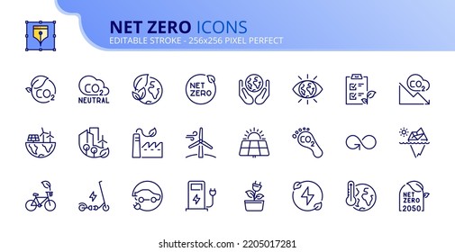 Line icons about net zero. Sustainable development. Contains such icons as green energy, CO2 neutral, save Earth, climate action. Editable stroke Vector 256x256 pixel perfect - Shutterstock ID 2205017281