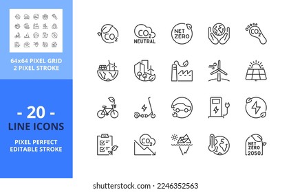 Line icons about net zero. Sustainable development. Contains such icons as green energy, CO2 neutral, save Earth, climate action. Editable stroke. Vector - 64 pixel perfect grid