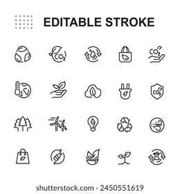 Line icons about net zero. Sustainable development. Contains such icons as green energy, CO2 neutral, save Earth, climate action. 