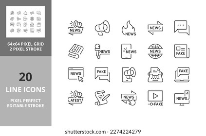 Iconos de línea sobre noticias, medios masivos y noticias falsas. Razo vector modificable. 64 y 256 Pixel Perfecto escalable a 128px