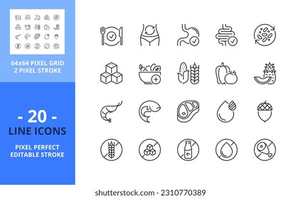 Line icons about nutrition. Contains such icons as healthy food, fat, protein, vegetables, fruit, carbohydrates, and sugar. Editable stroke. Vector - 64 pixel perfect grid