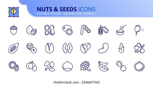 Line icons about nuts and seeds. Contains such icons as almond, cacao, chestnut, chickpeas, chia and beans. Editable stroke Vector 256x256 pixel perfect