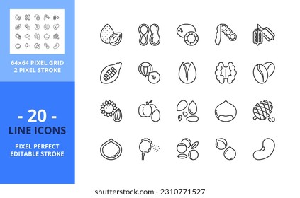 Zeilensymbole zu Nüssen und Samen. Enthält Symbole wie Mandeln, Kakao, Kastanien, Kichererbsen, Chia und Bohnen. Bearbeitbarer Strich. Vektor - perfektes Raster mit 64 Pixel