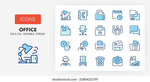 Line icons about office. Contains such icons as workplace, stationery, meeting room and more. 256x256 Pixel Perfect editable in two colors