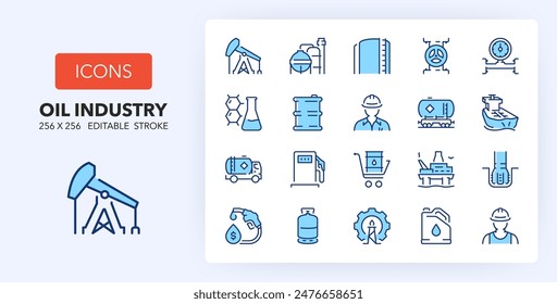 Line icons about oil industry. Contains such icons as barrel, extraction, refinery and more. 256x256 Pixel Perfect editable in two colors