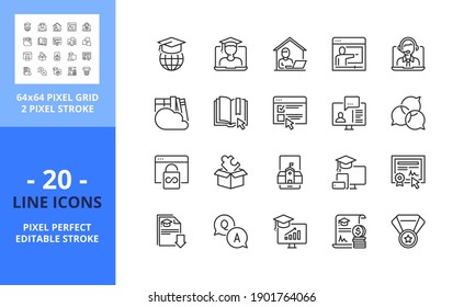 Line icons about online education. Contains such icons as study at home, webinar, training, lesson, tutorial, e-book and e-learning. Editable stroke. Vector - 64 pixel perfect grid