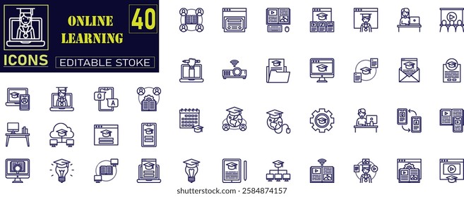 Line icons about online education. Containing video tuition, e-learning, online course, audio course .
