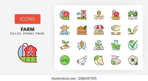 Line icons about organic food production and new agricultural technologies. Contains such icons as Non GMO, smart farm, landscape and more. 256x256 Pixel Perfect editable in colors