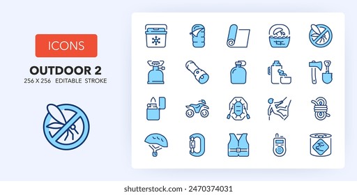 Line icons about outdoor activities. Contains such icons as climbing, insect repellent, life jacket and more. 256x256 Pixel Perfect editable in two colors. Set 2 of 2