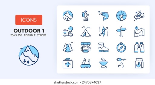 Line icons about outdoor activities. Contains such icons as camping, mountains, route and more. 256x256 Pixel Perfect editable in two colors. Set 1 of 2