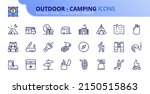 Line icons about outdoor - camping. Contains such icons as camp, tools, caravan, adventure sport, campfire, and trekking. Editable stroke Vector 256x256 pixel perfect