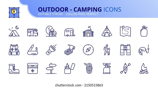 Line icons about outdoor - camping. Contains such icons as camp, tools, caravan, adventure sport, campfire, and trekking. Editable stroke Vector 256x256 pixel perfect
