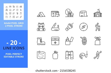 Liniensymbole zum Thema Outdoor - Camping. Enthält Symbole wie Camp, Tools, Caravan, Abenteuersport, Lagerfeuer und Trekking. Bearbeitbarer Strich. Vektor - perfektes Raster mit 64 Pixel