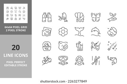 Line icons about outdoor and camping activities. Editable vector stroke. 64 and 256 Pixel Perfect scalable to 128px