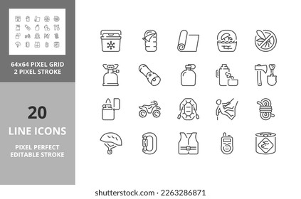 Line icons about outdoor and camping activities. Editable vector stroke. 64 and 256 Pixel Perfect scalable to 128px