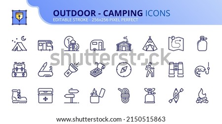 Line icons about outdoor - camping. Contains such icons as camp, tools, caravan, adventure sport, campfire, and trekking. Editable stroke Vector 256x256 pixel perfect