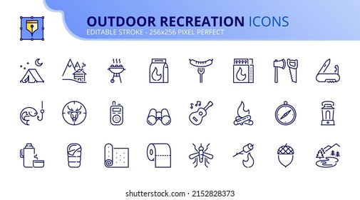 Line icons about outdoor recreation. Contains such icons as camp, forest, campfire, marshmallow, fishing and hunting. Editable stroke Vector 256x256 pixel perfect