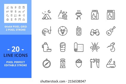 Iconos de línea sobre recreación al aire libre. Contiene íconos como campamento, bosque, fogata, malvavisco, pesca y caza. Trazo editable. Vector: cuadrícula perfecta de 64 píxeles