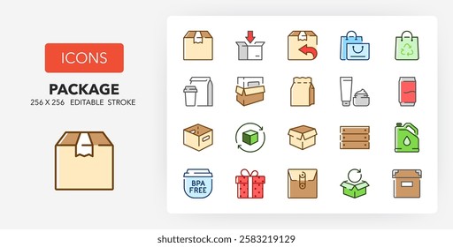 Line icons about package. Contains such icons as bag, wood box, envelope and more. 256x256 Pixel Perfect editable in colors