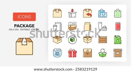 Line icons about package. Contains such icons as bag, wood box, envelope and more. 256x256 Pixel Perfect editable in colors