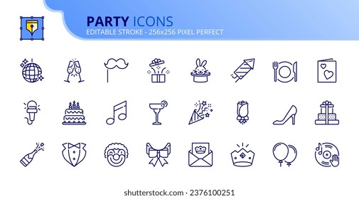 Line icons about party. Contains such icons as supplies, decoration, disco ball, gifts and invitations. Editable stroke. Vector 256x256 pixel perfect.