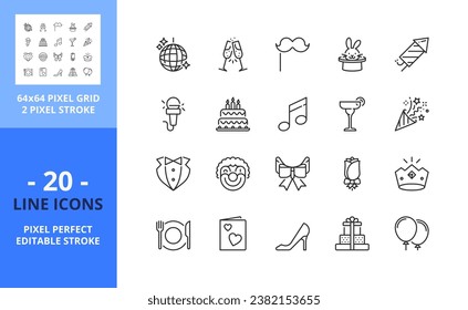 Line icons  about party. Contains such icons as supplies, decoration, disco ball, gifts and invitations. Editable stroke. Vector - 64 pixel perfect grid