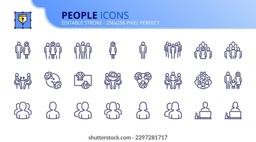 Iconos de línea sobre la gente. Contiene iconos como una persona, parejas y grupos. Vector de trazo editable de 256x256 píxeles perfecto
