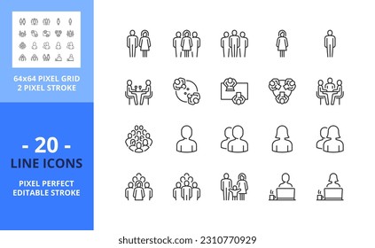 Line icons about people. Contains such icons as one person, couples and groups. Editable stroke. Vector - 64 pixel perfect grid