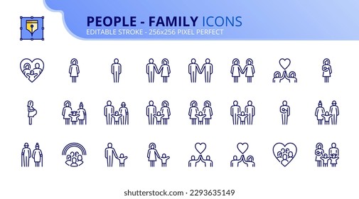 Line icons about people, types of family structures. Contains such icons as childless, nuclear family or single parent. Editable stroke Vector 256x256 pixel perfect