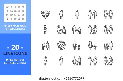 Line icons about people, types of family structures. Contains such icons as childless, nuclear family or single parent. Editable stroke. Vector - 64 pixel perfect grid