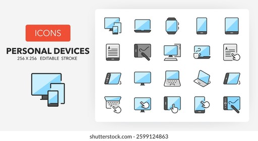 Line icons about personal devices. Contains such icons as smart watch, laptop, smartphone and more. 256x256 Pixel Perfect editable in two colors