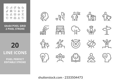 Line icons about personal growth and accomplishment. Editable vector stroke. 64 and 256 Pixel Perfect scalable to 128px