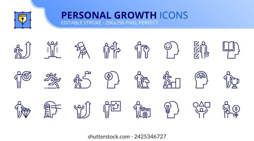 Line icons about personal growth. Contains such icons as motivation, leadership, success, options, goals and skills. Editable stroke. Vector 256x256 pixel perfect.