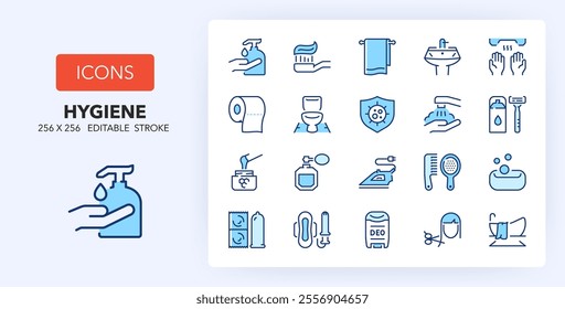 Line icons about personal hygiene and care. Contains such icons as prophylactics, depilatory wax, haircut and more. 256x256 Pixel Perfect editable in two colors